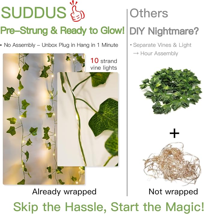 suddus 300 LED Vines with Lights Plug in, 9.8ft x 9.8ft Fairy Lights with Vines, Ivy Curtain Lights for Wall, Bedroom, Dorm, Wedding, Party, Indoor, Outdoor Decor(Warm White)