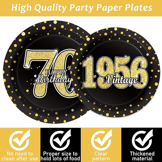 200PCS 70th Theme Birthday Party Tableware Vintage 1956 Party Supplies 70 year old Birthday Party Decorations Plates Napkins Forks Black and Gold Dinnerware Favors for Men or Women