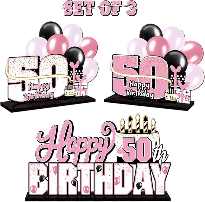 LINGTEER Happy 50th Birthday Pink Acrylic Table Topper Centerpieces Set - Cheers to 50 Years Old Birthday Fifty Bday Party Gift Decorations.