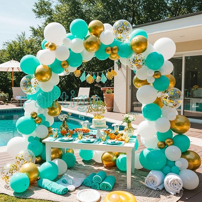 Teal Balloon Garland Kit with Gold Butterflies – Turquoise, Blue and Green, White & Gold Balloons in 18", 12", 5" Sizes – for Graduation, Baby Shower, Wedding, Birthday, Party Decor