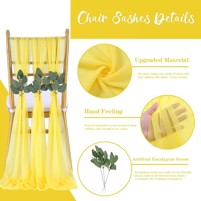 Yellow Chair Sashes Wedding Aisle Decorations: 50 Packs 8ft Long Draping Fabric Sheer Church Chair Cover Bulk for Party Banquet