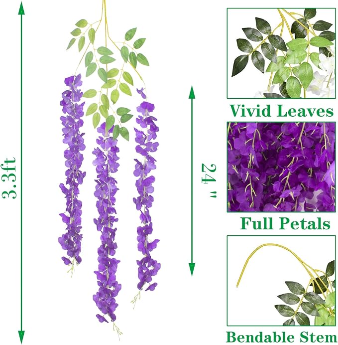AITISOR 24 Pack Artificial Fake Wisteria Vine Ratta (3.75 Feet) Hanging Garland Silk Flowers String Home Party Wedding Decor (Blue)