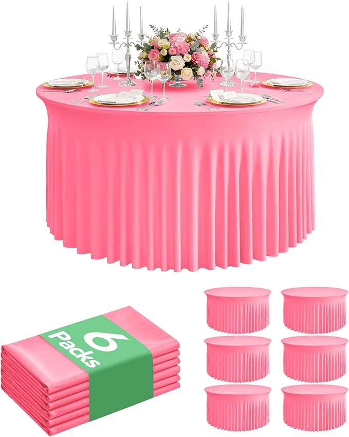 6 Pack Spandex Table Cover Skirts for 60 inch Round Tables, Pink Stretch Table Cloths with Floor-Length Ruffle, Elastic Fitted Skirted Tablecloth for Elegant Wedding Banquet Party Buffet Decoration