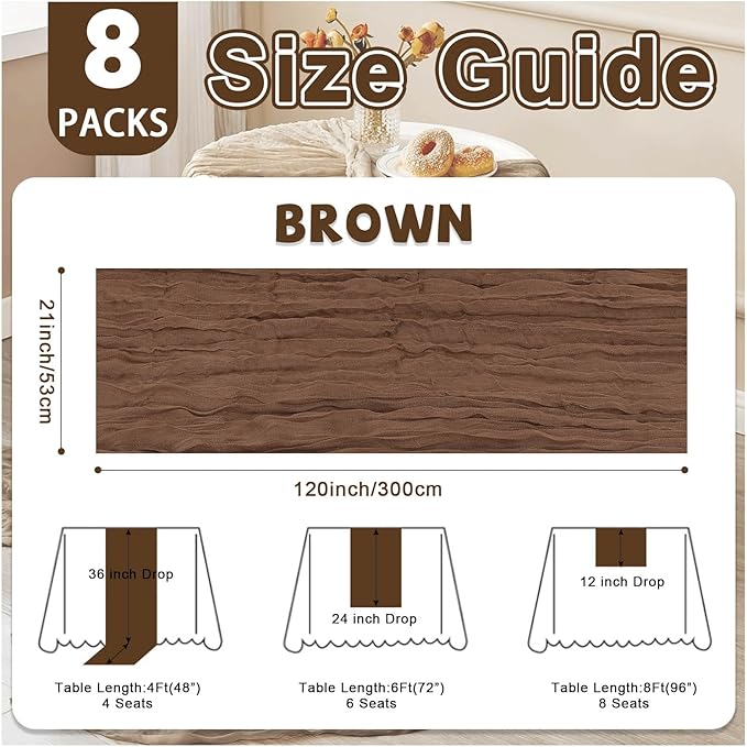 8 Pack Brown Cheesecloth Table Runner 21x120 Inch Gauze Table Runners Reusable Polyester 10ft Boho Rustic Cheese Cloth Table Runner for Wedding Party Baby Shower Birthday