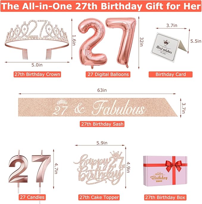 27th Birthday Decorations for Women, Include 27th Birthday Sash and Tiara, Cake Topper and Candles, Number Balloons, 27 Year Old Gifts for Women