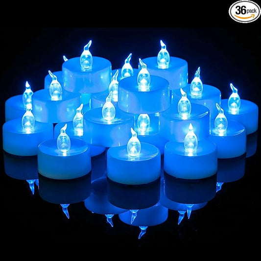 36 Pack Blue LED Tea Light Battery Operated, Flameless Blue Flickering Votive Tealight, Electric LED Fake Candle Bulk for Wedding, Party, Christmas, Halloween Pumpkin Lights Decorations