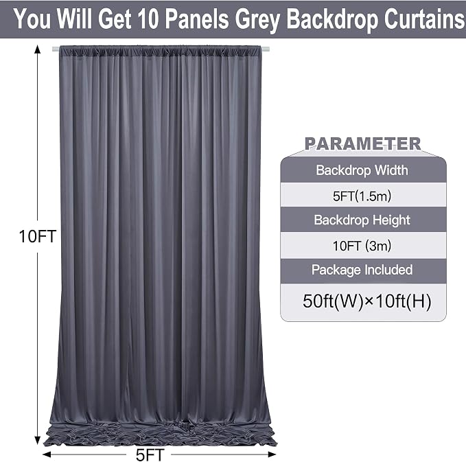 50ft×10ft Wrinkle Free Grey Backdrop Curtains for Parties, 10 Panels 5×10ft Soft Silky Polyetsr Charcoal Photo Backdrop Drapes for Birthday Party Baby Shower Wedding Photography