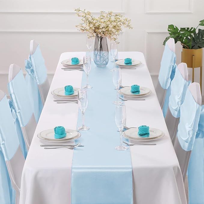 Horbaunal 12 Pack Light Blue Satin Table Runner 12 x 108 Inch, Smooth Table Runners for Wedding Banquets Birthday Party