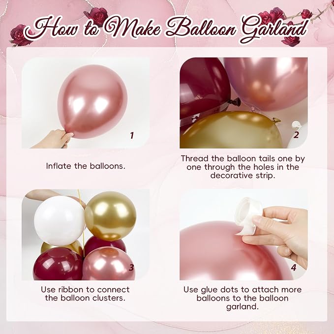 Burgundy Birthday Decorations, Burgundy Rose Gold White Balloons Happy Birthday Banner Tablecloth Backdrop for Happy Birthday Decorations for Women Adults