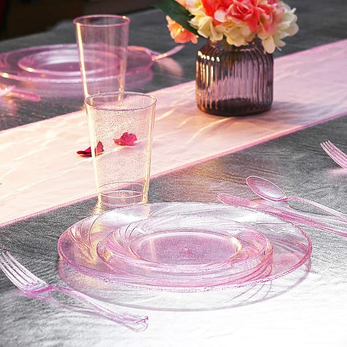 WDF Rose Gold Pink Plastic Plates with Pink Plastic Silverware include 40 Dinner & Salad Plates, 40Forks, 40 Knives, 40 Spoons for Party Baby Shower Wedding Spring