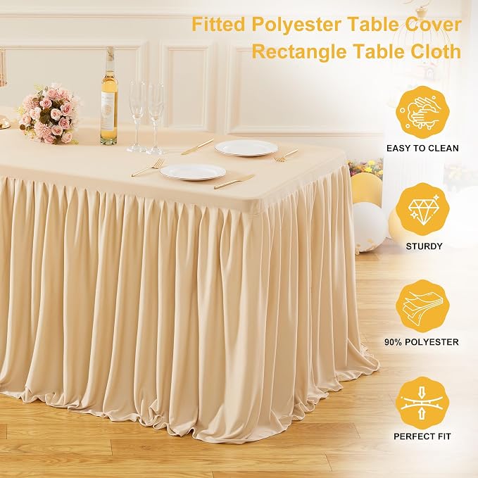 Wish Care 2 Pack Champagne Rectangle Table Clothes for 6 Foot Tables, Polyester Fitted Tablecloths 6t Stretch Table Cover for Wedding, Birthday, Parties, Trade Show, Craft Show
