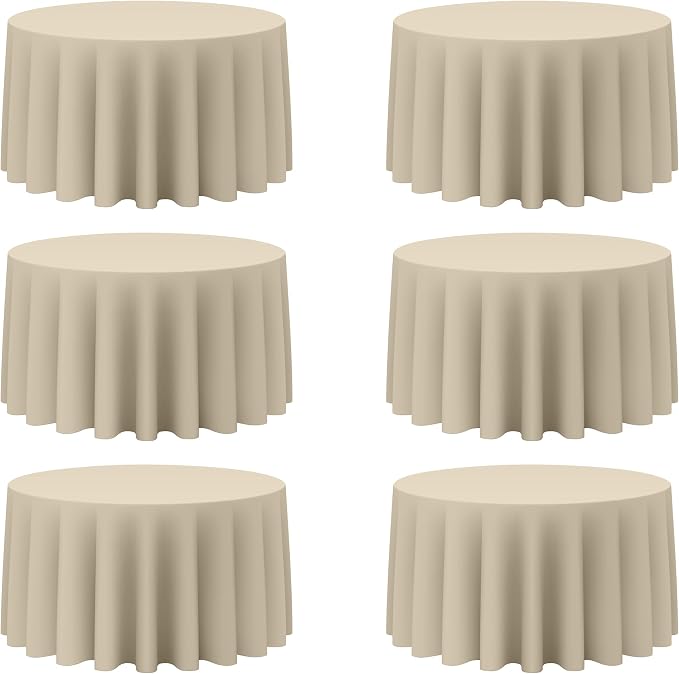 BRILLMAX 6 Pack Beige Round Tablecloths 120 Inch for 60” Tables - 150 GSM Polyester Fabric, Floor Length Drop, Water, Stain & Wrinkle Resistant Cloth Cover for Wedding Reception Banquet Dining