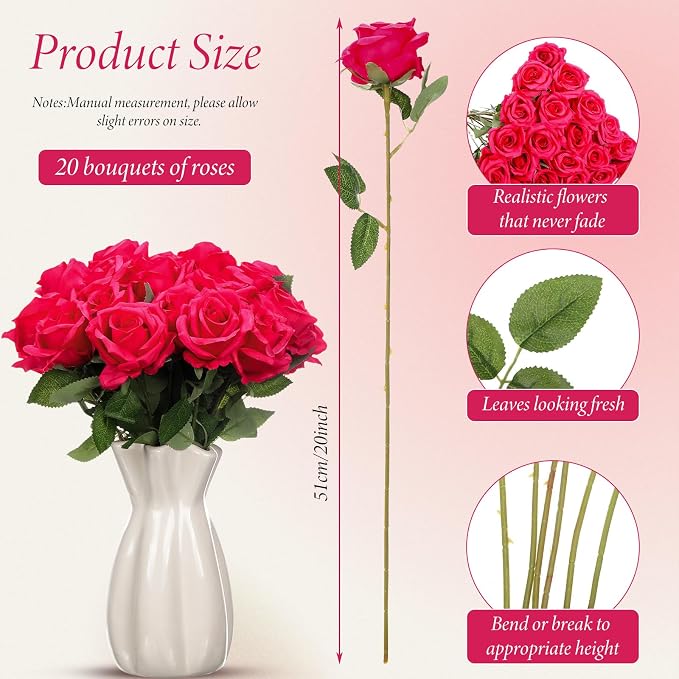 Hotop 20 Pcs Artificial Rose Flowers with Long Stem, Real Lifelike Silk Realistic Plastic Bouquet Roses Bulk for Home Decor Bridal Wedding Party Table Centerpieces Decorations(Hot Pink)