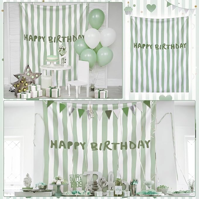 Flutesan 7x5ft Sage Green Stripe Happy Birthday Backdrop Large Banner Fabric Tapestry Birthday Party Decoration Baby Shower Linen Rustic Background Wall Photo Props Indoor Outdoor