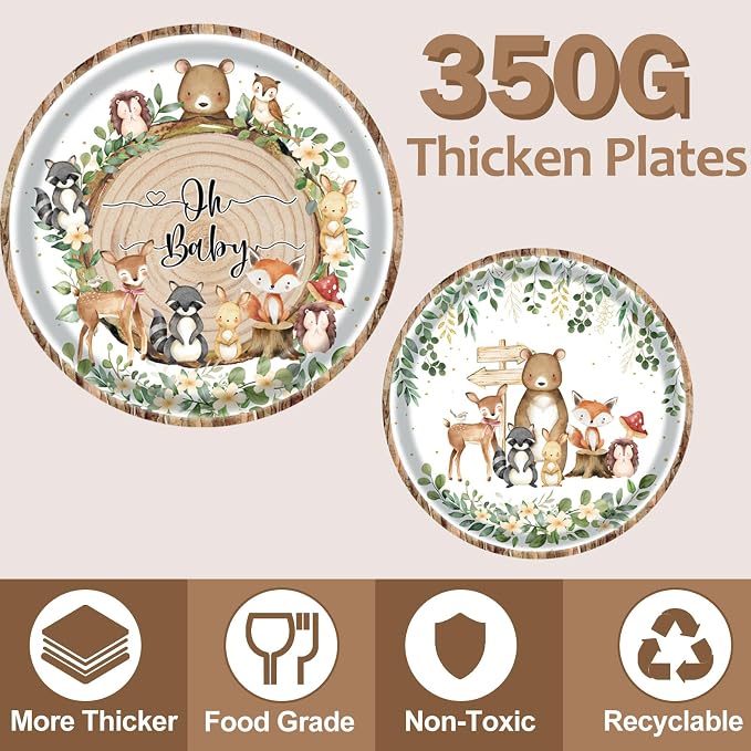 Woodland Baby Shower Party Supplies, 350PCS Safari Jungle Animal Disposable Tableware Set with Plates Napkins Cups Spoons Forks Knives for Woodland Theme Birthday Party Decorations, Serves 50 Guests