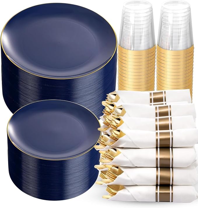 KIRE 350Pcs Blue and Gold Plates -Heavy Duty Navy Blue Dinnerware Set - 100 Plastic Plates 50 Pre Rolled Napkins with Gold Plastic Silverware 50 Cups for Party/4th of July/Wedding
