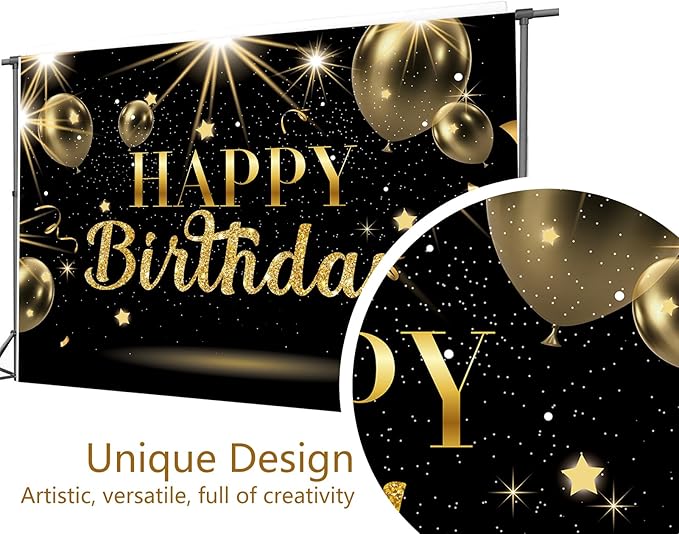 Black & Gold Happy Birthday Decoration Backdrop 7x5ft Large Gold Glitter Balloons Sign Party Background for Adult Kids Photo Booth Decor Large Wall Decor Props Party Supplies for Women
