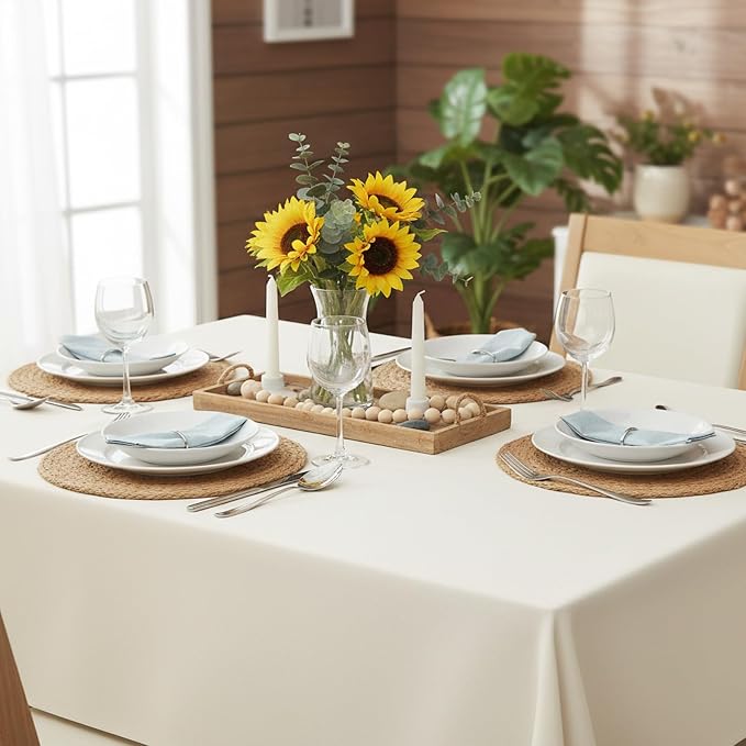 Fixwal 3 Pack Ivory 60 x 102 Inch Rectangle Tablecloths, Reusable Heavy Duty Washable Polyester Table Covers for 6 Ft Tables, Wedding, Bridal Shower, Boho Party, Outdoor, Picnic