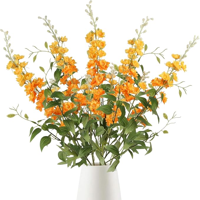 IPOPU 9Pcs Orange Artificial Delphinium Flowers Combo Clematis Greenery Stems, 33.5" Long Stem Larkspur for Wedding Centerpieces, Bridal Bouquet, Home Party Table Decor (Orange)