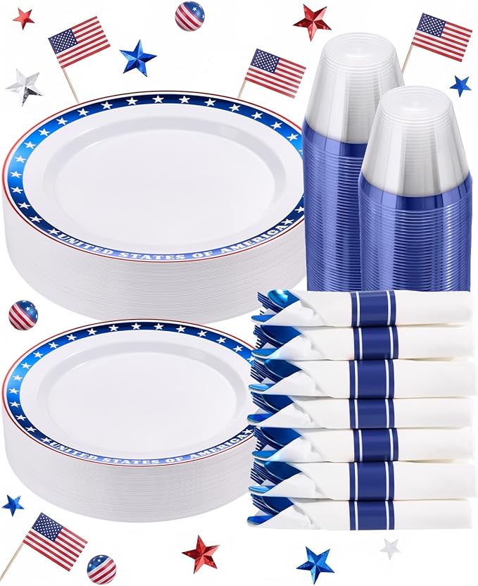 Goodluck 350 Piece 4th of July Blue Star Plastic Dinnerware Set for 50 Guests, Disposable Plates for Independence Day Supplies, Include: 100 Plates, 50 Pre Rolled Napkins with Silverware, 50 Cups