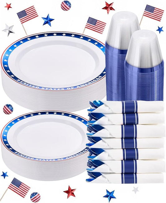 Goodluck 350 Piece 4th of July Blue Star Plastic Dinnerware Set for 50 Guests, Disposable Plates for Independence Day Supplies, Include: 100 Plates, 50 Pre Rolled Napkins with Silverware, 50 Cups