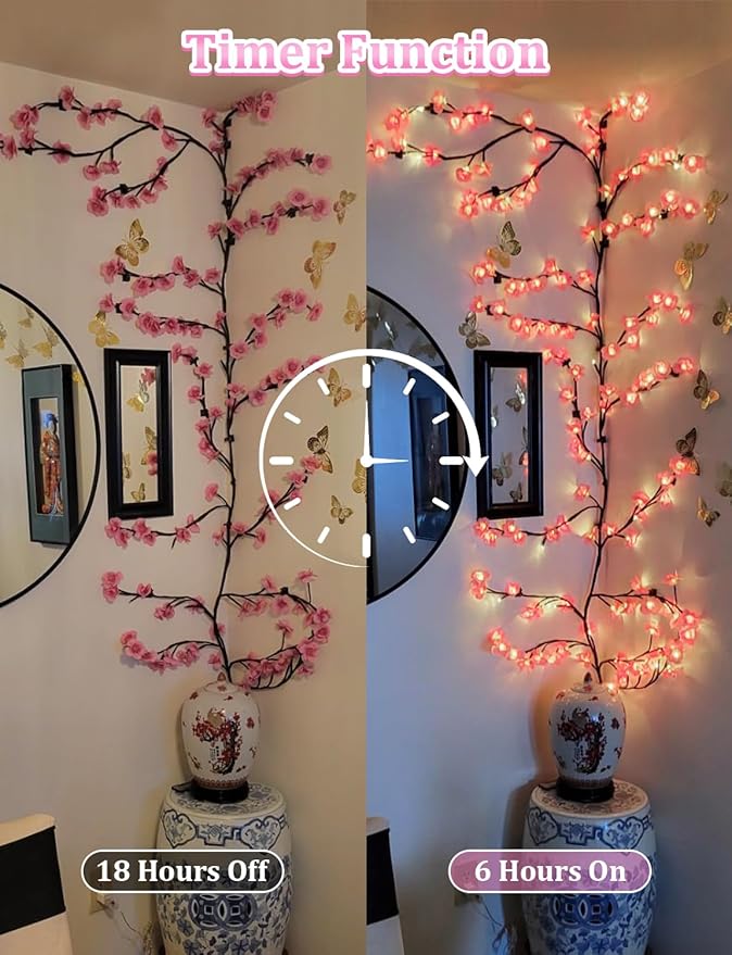 Cherry Blossom Lights for Bedroom Wall Decorations,4 FT 48 LED Cherry Blossom Decor,2026 New Dimmable Light-Up Pink Bedroom Decor with Remote Timer,8 Lighting Modes,Romantic Gifts for Her