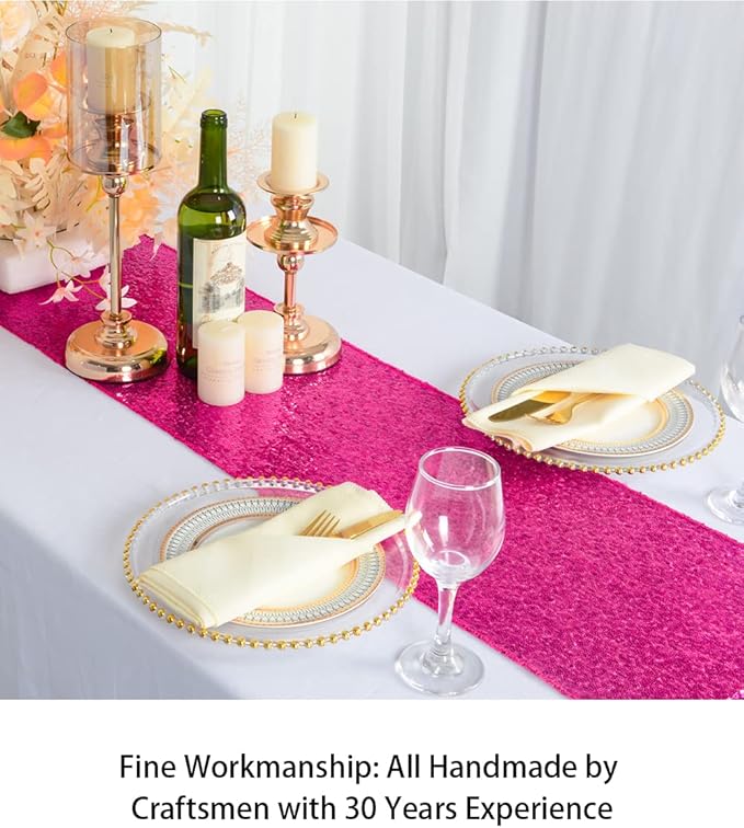 ShinyBeauty Hot Pink Table Runners - Pack of 10, 12x108-Inches, Sequin Fabric, Fuchsia, Perfect for Holiday Celebration Party Supplies