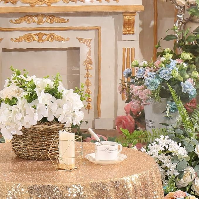 Juya Delight 120'' Round Sequin Tablecloth Light Gold Glitter Table Cloth for Party Wedding Birthday Baby Shower Decorations