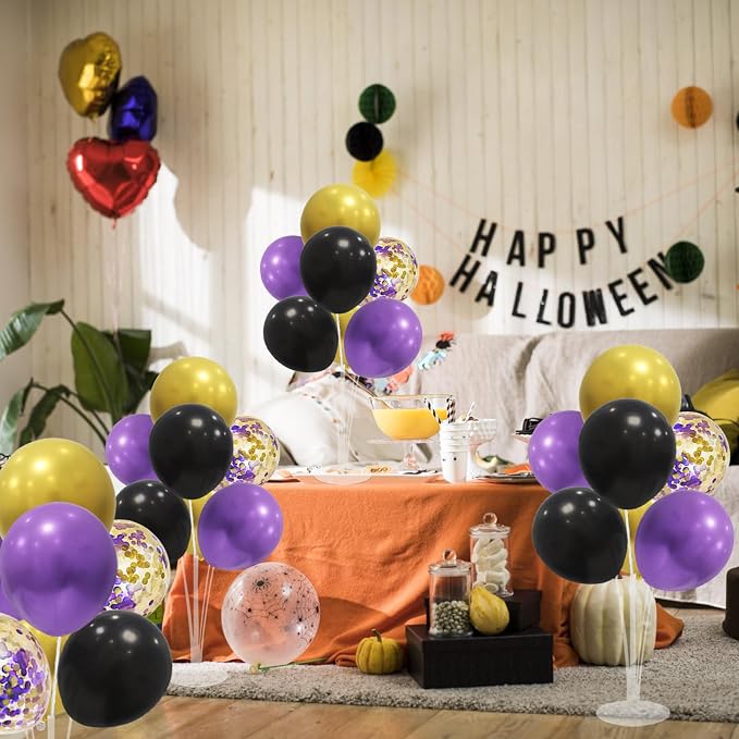 ZJDHPTY Halloween Decorations,4Set Purple Black Gold Balloon Stand Kit | Balloon Centerpieces for Birthday Graduation Wedding Retirement Anniversary Homecoming Party Decorations