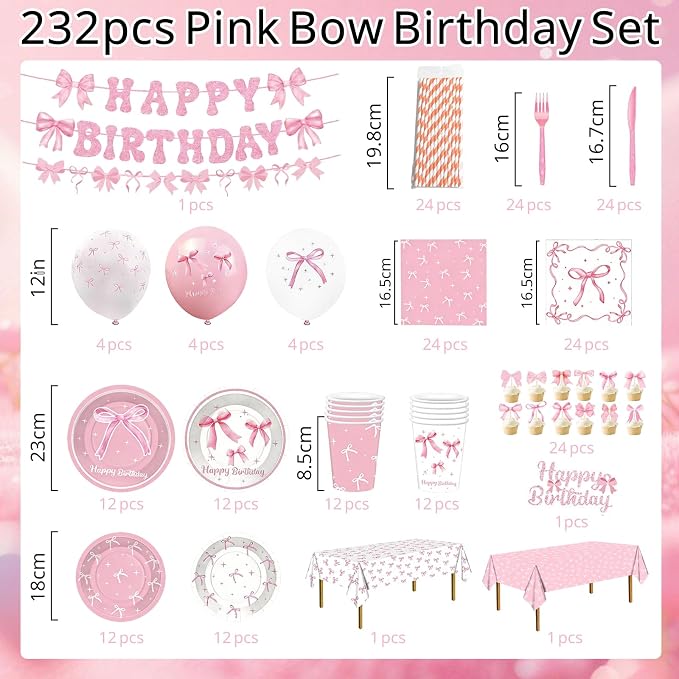 Pink Bow Birthday Party Supplies Serve 24, 232pcs Coquette Birthday Decorations Include Plates Napkins Cups Banner Tablecloth Cake Topper Balloons Tableware for Girls Bachelorette Party Decor