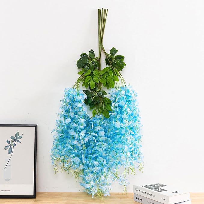 BLEUM CADE 36Pcs Blue Fake Wisteria Hanging Flowers, 3.6Ft/Pcs Artificial Wisteria Garland, Hanging Flowers for Wedding Party Home Backdrop Wall Decoration