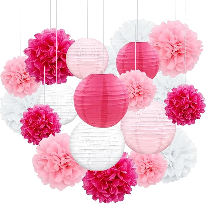 Celehappy Pink Paper Lanterns - Party Decorations Tissue Pom Poms for Weddings Birthdays - 18pcs Hanging Lanterns - Pink/White/Rose