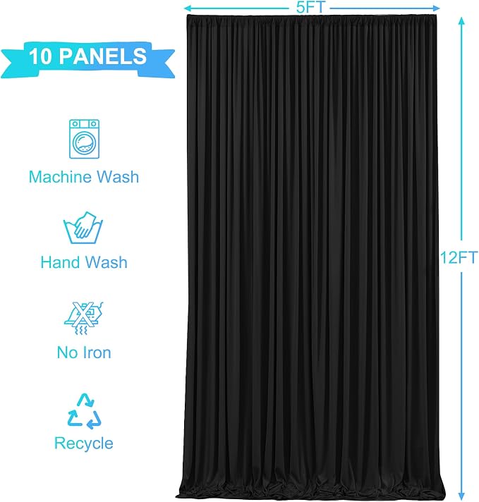 10 Panels Black Backdrop Curtains for Wedding Party Wrinkle Free Backdrops Curtain Drapes Fabric Decorations Photo Back Drop Cloth for Baby Shower Photography Stage Reception 50ft(W) x 12ft(H)