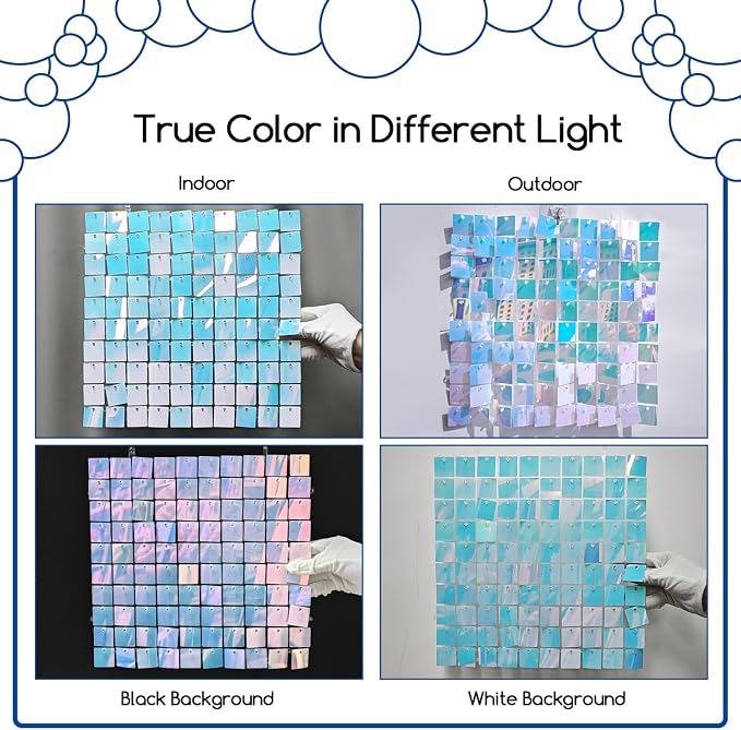 COKAOBE Iridescent Blue Shimmer Wall Backdrop, 24PCS Square Sequin Shimmer Backdrop Panel, Photo Backdrops for Birthday, Anniversary, Wedding, Graduation & Bachelorette Party Decoration
