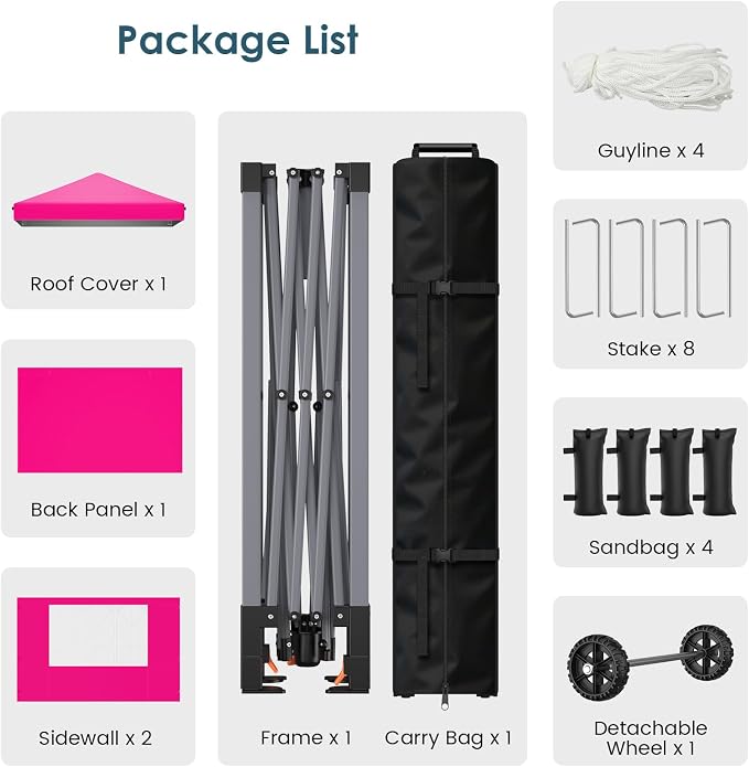 Raynesys Pop Up Canopy Tent with Sidewalls, 10x10ft 10 Person Party Tent One Push Setup, Portable Gazebo Outdoor Sun Shade for Events, Parties, Camping, Commercial, Silver Coated Top, Pink