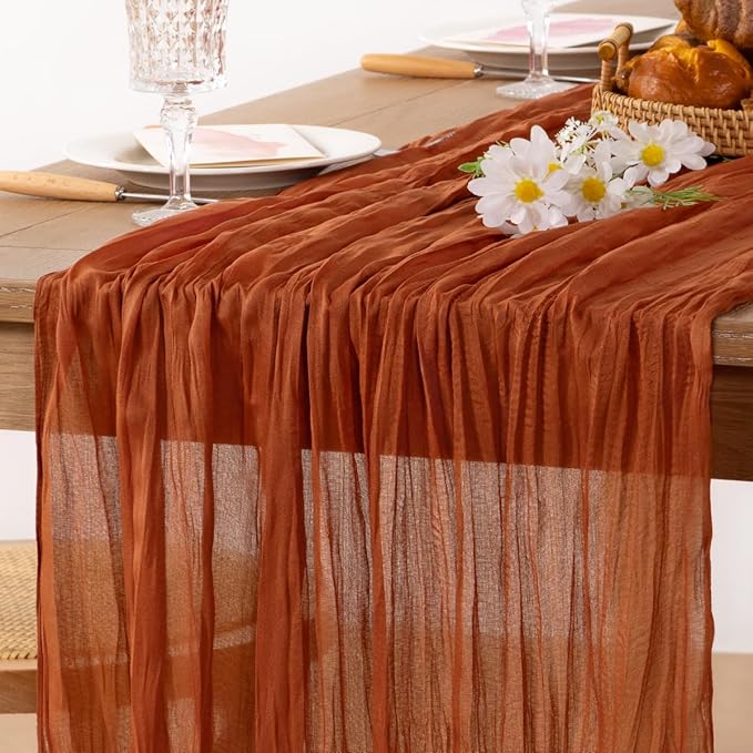 MLMC 8 Pack Terracotta Cheesecloth Table Runner 10ft Rustic Burnt Orange Cheese Cloth Table Runner 35 x 120 inches for Wedding Bridal Shower Birthday Pinic Party Thanksgiving Decor