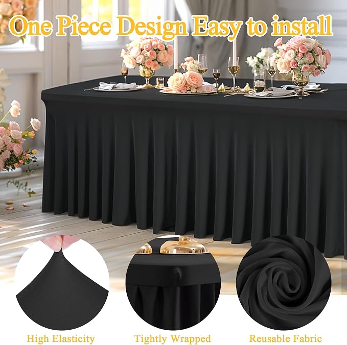 Shillance 2 Packs Black Spandex Table Covers 8 Foot, Fitted Stretch Table Cloth with Skirts 96x30 Inch, Wrinkle-Free Floor Length Rectangle Tablecloths for Trade Show Weddings Parties Banquets Events