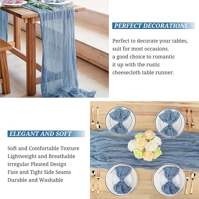 Pesonlook 16 Pack Cheesecloth Table Runner, 13Ft Boho Gauze Table Runner 35×157 Inch Rustic Romantic Long Table Runner for Wedding Party Bridal Shower Thanksgiving Christmas Decoration(Dusty Blue)
