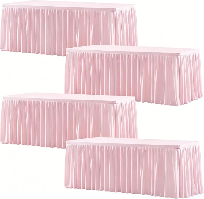 Wish Care 4 Pack Blush Pink Rectangle Table Clothes for 8 Foot Tables, Polyester Fitted Tablecloths 8ft Stretch Table Cover for Wedding, Birthday, Parties, Trade Show, Craft Show
