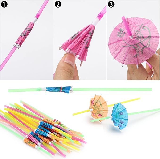 100pcs Umbrella Drinking Straws, Disposable Plastic Straws, Tropical Hawaiian Beach Cocktail Pool Luau Party Decorations Supplies