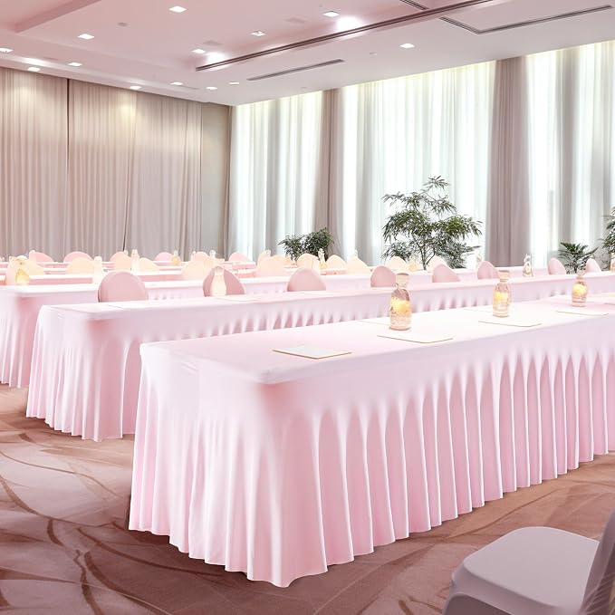 1 Pack Pink Table Clothes for 6 Foot Rectangle Tables, One-Piece Wrinkle Resistant Stretch Spandex Table Covers with Skirt for Event Banquet Wedding Birthday Party