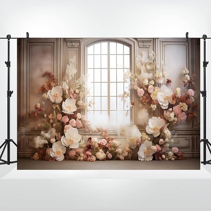 European Style Interior Room Backdrop 10x7ft Art Oil Painting Flowers French Window Photography Background Birthday Bridal Shower Women Girl Home Room Office Decor Banner Photo Studio Props