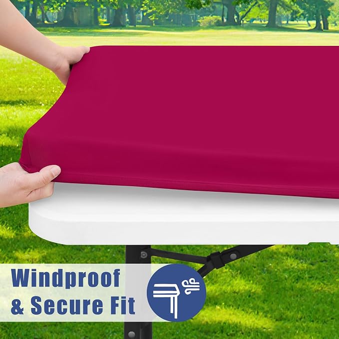 Moosfor Spandex 5 Foot Rectangle Table Cloth 6 Pack, Elastic Fitted Tablecloths for Picnic, Stretch Washable Patio Table Cover for Outdoor, Camping, Banquet and Parties (Fuchsia, 30"x60")