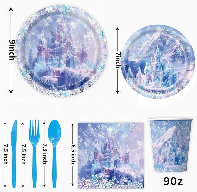 Ice Castle Themed Happy Birthday Party Decorations, Plates Napkins Cups Tableware, Winter Castle Backdrop Tablecloth, Happy Birthday Banner, Cake Topper, Colorful Printed Balloons for Kids Adults