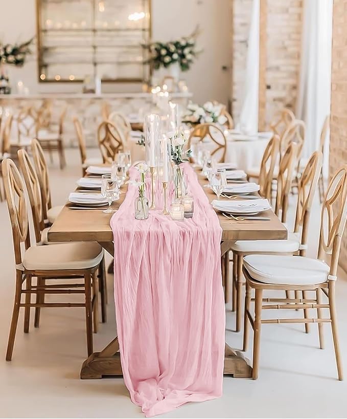12 Pack Light Pink Table Runner, 10FT Cheesecloth Table Runner Long Romantic Semi Sheer Rustic Boho Gauze Table Runners for Wedding Bridal Shower Birthday Party Decorations(21.5×120 Inch)