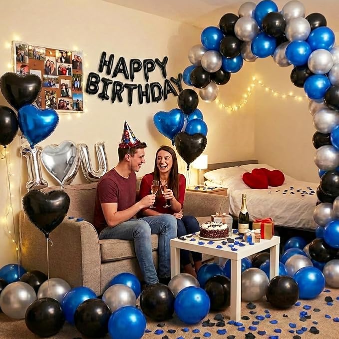 Blue Black Silver Balloons with I LOVE YOU & HAPPY BIRTHDAY Foil Balloons & Rose Petals for Romantic Special Night, Anniversary, Valentine Day, Birthday Decorations for Him, Bedroom, Hotel Room