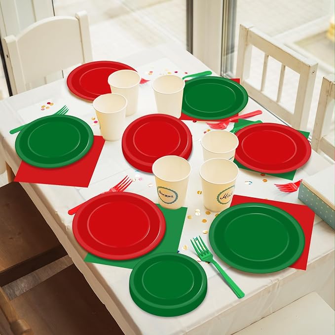 gisgfim 50 Guests Christmas Party Supplies Red and Green Plates and Napkins Plastic Forks Holiday Tableware Xmas Paper Plates for Christmas Party 200PCS