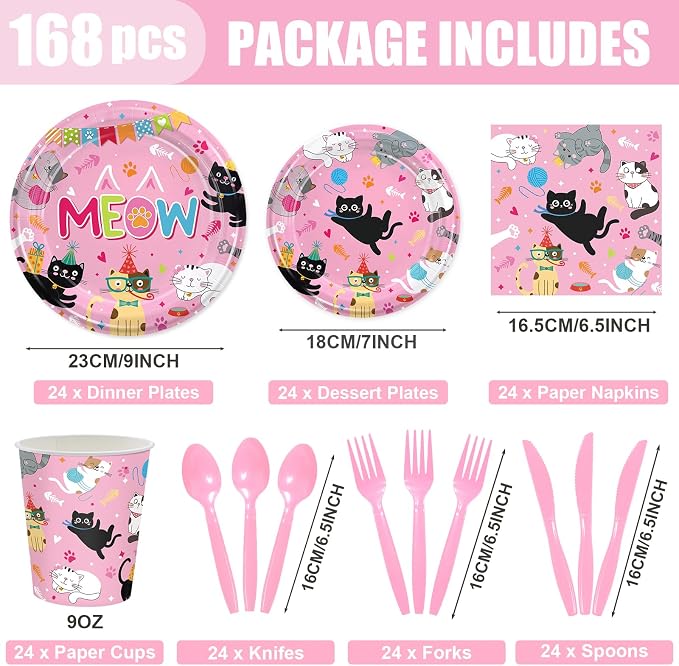 168PCS Cat Party Supplies Carts Themed Birthday Party Decorations Cute Meow Paper Plates Cups Napkins Forks Knives Spoons Tableware for BBQ Picnic Serves 24 Guests