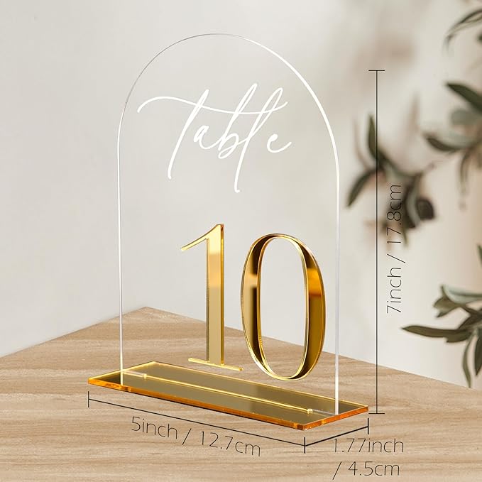 HOODO Clear Arch Wedding table numbers 1-10 with Stands, 5"x7" Arched Acrylic Signs with Gold Mirror Numbers, Clear and Gold Acrylic Table Numbers for Wedding Reception, Party, Anniversary, Event