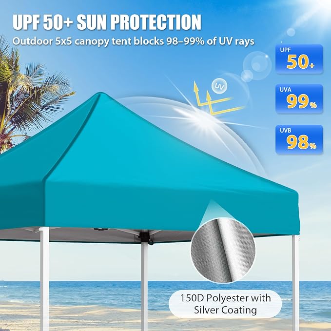 EAGLE PEAK 5x5 Pop Up Canopy Tent Instant Outdoor Canopy Easy Set-up Straight Leg Folding Shelter, Turquoise